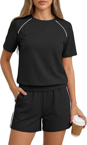 Bornpom Women 2 Piece Shorts Set Short Sleeve Summer Workout Outfits Casual Vacation Airport Travel Lounge Matching Set in Saudi Arabia