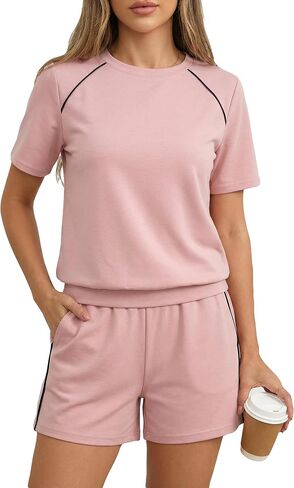 Bornpom Women 2 Piece Shorts Set Short Sleeve Summer Workout Outfits Casual Vacation Airport Travel Lounge Matching Set in Saudi Arabia