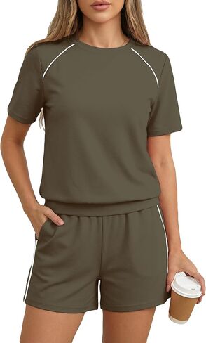 Bornpom Women 2 Piece Shorts Set Short Sleeve Summer Workout Outfits Casual Vacation Airport Travel Lounge Matching Set in Saudi Arabia