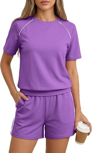 Bornpom Women 2 Piece Shorts Set Short Sleeve Summer Workout Outfits Casual Vacation Airport Travel Lounge Matching Set in Saudi Arabia
