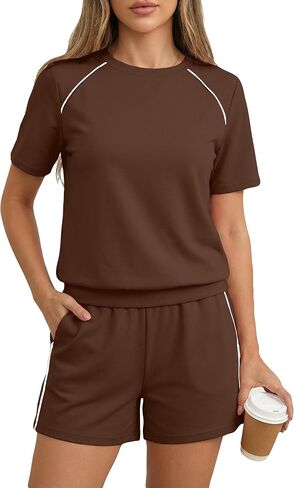 Bornpom Women 2 Piece Shorts Set Short Sleeve Summer Workout Outfits Casual Vacation Airport Travel Lounge Matching Set in Saudi Arabia