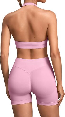 TDIFFUN Women Workout Sets 2 Piece Seamless Halter Sports Bra Scrunch Butt Gym Shorts Matching Set Yoga Outfits in Kuwait