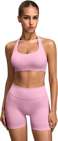 TDIFFUN Women Workout Sets 2 Piece Seamless Halter Sports Bra Scrunch Butt Gym Shorts Matching Set Yoga Outfits in Kuwait