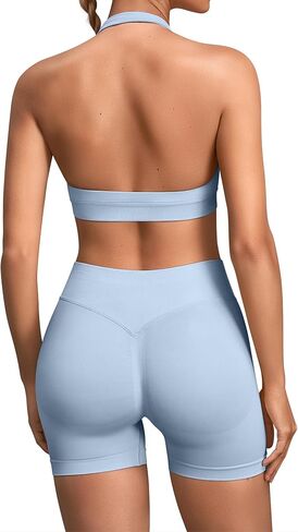 TDIFFUN Women Workout Sets 2 Piece Seamless Halter Sports Bra Scrunch Butt Gym Shorts Matching Set Yoga Outfits in Kuwait