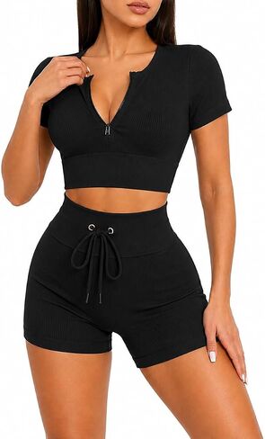 Women’s Biker Shorts Set 2 Piece – Seamless Ribbed Crop Top & High Waisted Shorts, Tummy Control Activewear in Saudi Arabia