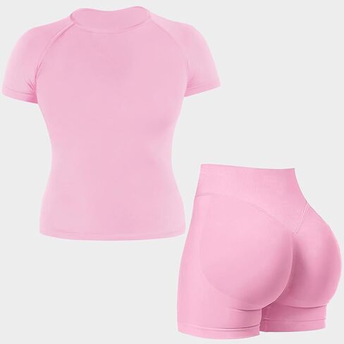 Workout Sets for Women 2 Piece Seamless Shorts SLeeve Tops Scrunch Butt Impact Shorts Gym Yoga Outfits in Kuwait