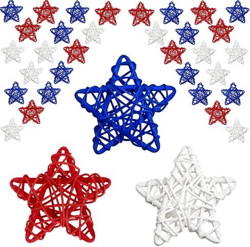 24 Pcs 4th of July Star Rattan Decoration, Red White Blue Rattan Stars for Independence Day Home Decor DIY Craft Vase Bowl Filler Table Decoration in Saudi Arabia