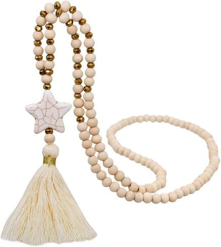 Boho Beaded Tassel Garland Aesthetic Bead Strand Loop with Star Charm Farmhouse Wall Hanging Decor for Home Table Accent (Beige) in Kuwait