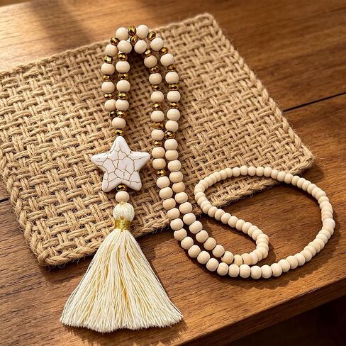 Boho Beaded Tassel Garland Aesthetic Bead Strand Loop with Star Charm Farmhouse Wall Hanging Decor for Home Table Accent (Beige) in Kuwait