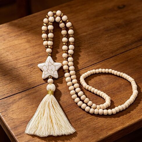 Boho Beaded Tassel Garland Aesthetic Bead Strand Loop with Star Charm Farmhouse Wall Hanging Decor for Home Table Accent (Beige) in Kuwait