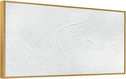 Large 100% Handmade Abstract Oil Painting Gold Frame Modern Original Hand Painted White Texture Framed Canvas Wall Art Minimalist Sea Wave Large Artwork for Living Room Bedroom Office 48x24in in Saudi Arabia