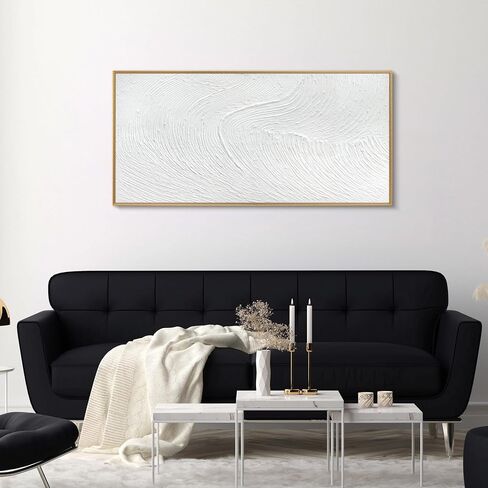 Large 100% Handmade Abstract Oil Painting Gold Frame Modern Original Hand Painted White Texture Framed Canvas Wall Art Minimalist Sea Wave Large Artwork for Living Room Bedroom Office 48x24in in Saudi Arabia
