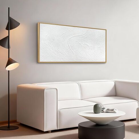 Large 100% Handmade Abstract Oil Painting Gold Frame Modern Original Hand Painted White Texture Framed Canvas Wall Art Minimalist Sea Wave Large Artwork for Living Room Bedroom Office 48x24in in Saudi Arabia