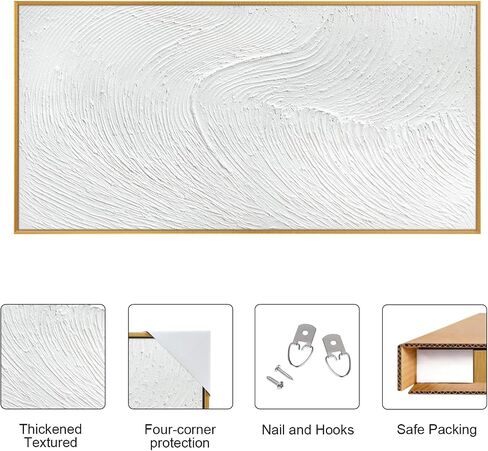 Large 100% Handmade Abstract Oil Painting Gold Frame Modern Original Hand Painted White Texture Framed Canvas Wall Art Minimalist Sea Wave Large Artwork for Living Room Bedroom Office 48x24in in Saudi Arabia