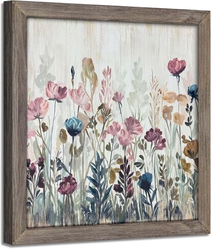 Abstract Flower Framed Wall Art: Vintage Blossom Floral Painting Rustic Colorful Botanical Picture Artwork Farmhouse Wood Home Decor for Bedroom in Saudi Arabia