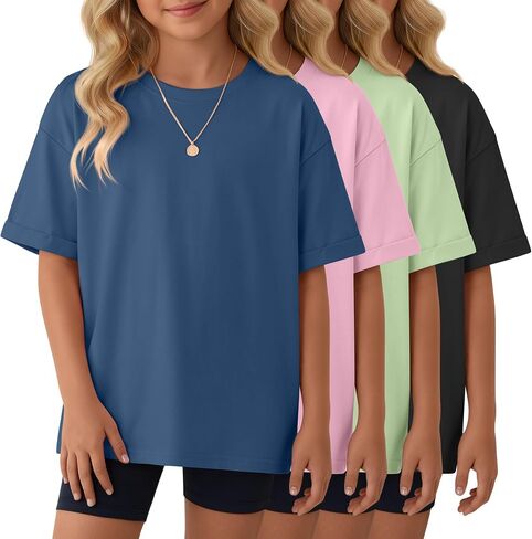 Yooo's Vivi 4 Pack Girls Oversized Shirts Teens Short Sleeve Crew Neck Tops Kids Casual Loose Fit Summer Basic Tees 5-14 Y in Kuwait