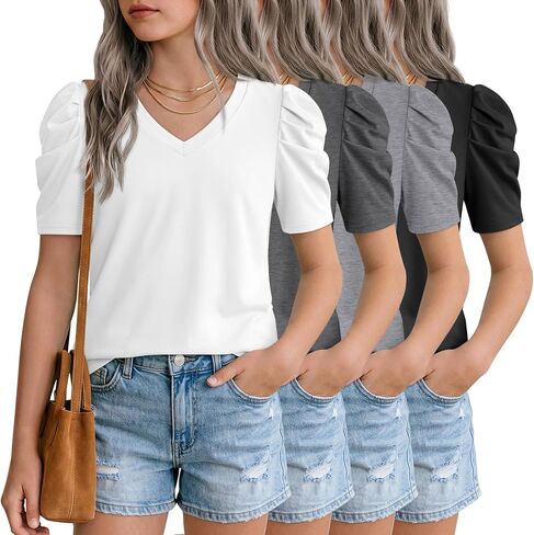 Oakgarden 4 Pack Girls Puff Short Sleeve Tops Kids Summer Cute T Shirts V Neck Casual Tees Casual Blouse Multipack 5-14 Years in Kuwait