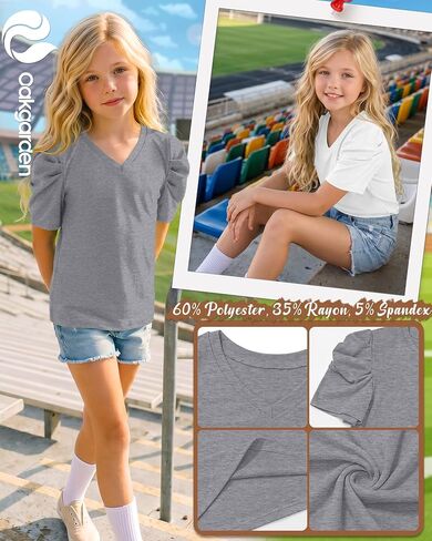 Oakgarden 4 Pack Girls Puff Short Sleeve Tops Kids Summer Cute T Shirts V Neck Casual Tees Casual Blouse Multipack 5-14 Years in Kuwait