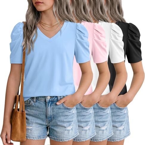 Oakgarden 4 Pack Girls Puff Short Sleeve Tops Kids Summer Cute T Shirts V Neck Casual Tees Casual Blouse Multipack 5-14 Years in Kuwait