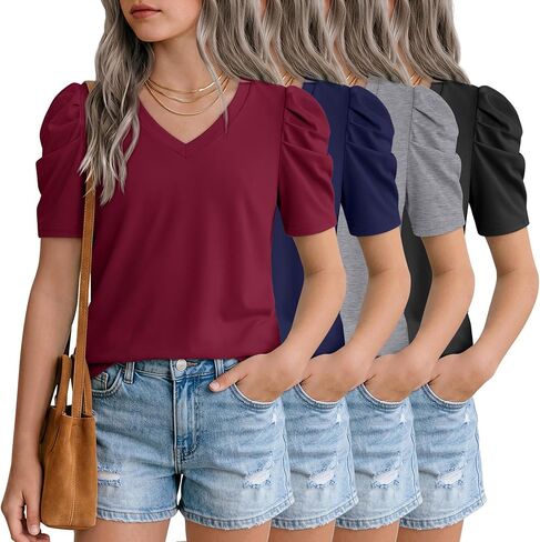 Oakgarden 4 Pack Girls Puff Short Sleeve Tops Kids Summer Cute T Shirts V Neck Casual Tees Casual Blouse Multipack 5-14 Years in Kuwait