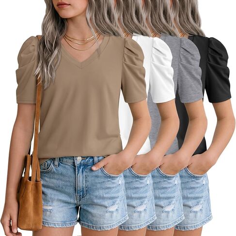 Oakgarden 4 Pack Girls Puff Short Sleeve Tops Kids Summer Cute T Shirts V Neck Casual Tees Casual Blouse Multipack 5-14 Years in Kuwait