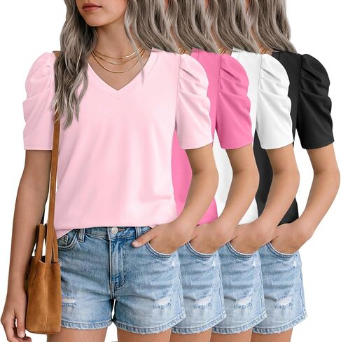 Oakgarden 4 Pack Girls Puff Short Sleeve Tops Kids Summer Cute T Shirts V Neck Casual Tees Casual Blouse Multipack 5-14 Years in Kuwait