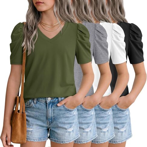 Oakgarden 4 Pack Girls Puff Short Sleeve Tops Kids Summer Cute T Shirts V Neck Casual Tees Casual Blouse Multipack 5-14 Years in Kuwait