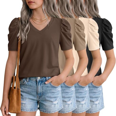 Oakgarden 4 Pack Girls Puff Short Sleeve Tops Kids Summer Cute T Shirts V Neck Casual Tees Casual Blouse Multipack 5-14 Years in Kuwait