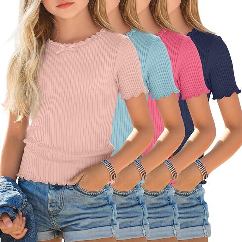 Oakgarden 4 Pack Girls Ribbed Short Sleeve Shirts, Summer Crew Neck Lettuce Trim Bow Tees Tops for Kids Teen 5-14 Years in Kuwait