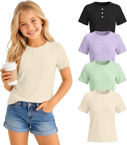 4 Pack Girls' Short Sleeve Shirts Henley Cotton Ribbed Round Neck Buttons Tops Summer Loose Casual Blouse 5-14 Years in Kuwait