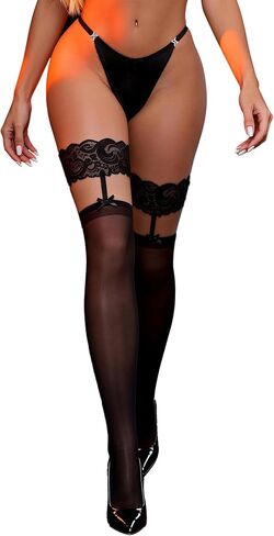 Women Lace Top Thigh High Stockings with Bow Sexy Sheer Suspenders Pantyhose Stay Up Vintage Fishnets XS-5XL in Kuwait