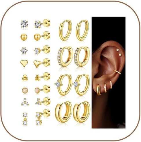 Turandoss Huggie Hoop Earrings Sets for Women, 14K Gold Plated Small Stud Earring Hypoallergenic Cartilage Huggie Hoop Stud Flat Back Gold Earrings Stacks for Multiple Piercings Jewelry Gifts in Kuwait