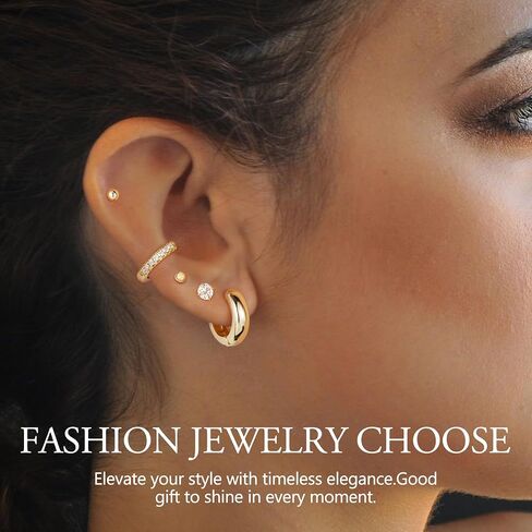 Turandoss Huggie Hoop Earrings Sets for Women, 14K Gold Plated Small Stud Earring Hypoallergenic Cartilage Huggie Hoop Stud Flat Back Gold Earrings Stacks for Multiple Piercings Jewelry Gifts in Kuwait