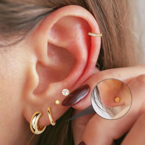 Turandoss Huggie Hoop Earrings Sets for Women, 14K Gold Plated Small Stud Earring Hypoallergenic Cartilage Huggie Hoop Stud Flat Back Gold Earrings Stacks for Multiple Piercings Jewelry Gifts in Kuwait
