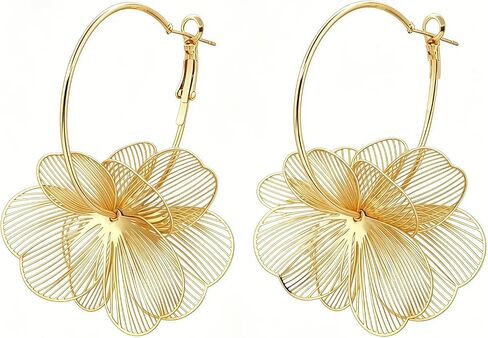 Boho Flower Hoop Earrings for Women, 14K Gold Plated Lightweight 3D Hollow Floral Drop Earrings, Statement Dangle Jewelry for Beach Vacation, Party & Everyday Wear in Kuwait