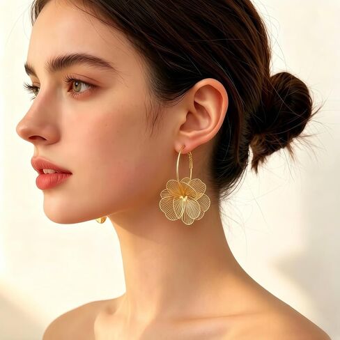 Boho Flower Hoop Earrings for Women, 14K Gold Plated Lightweight 3D Hollow Floral Drop Earrings, Statement Dangle Jewelry for Beach Vacation, Party & Everyday Wear in Kuwait