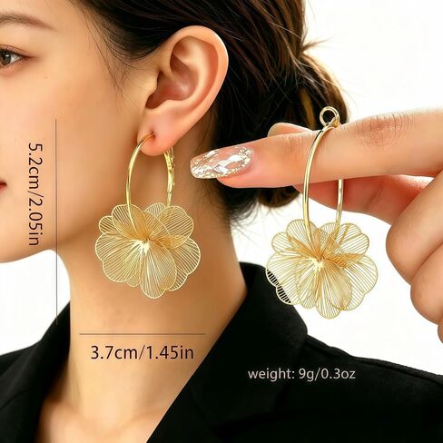 Boho Flower Hoop Earrings for Women, 14K Gold Plated Lightweight 3D Hollow Floral Drop Earrings, Statement Dangle Jewelry for Beach Vacation, Party & Everyday Wear in Kuwait