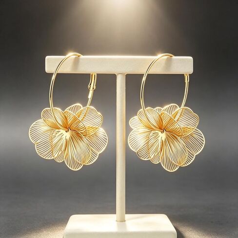 Boho Flower Hoop Earrings for Women, 14K Gold Plated Lightweight 3D Hollow Floral Drop Earrings, Statement Dangle Jewelry for Beach Vacation, Party & Everyday Wear in Kuwait