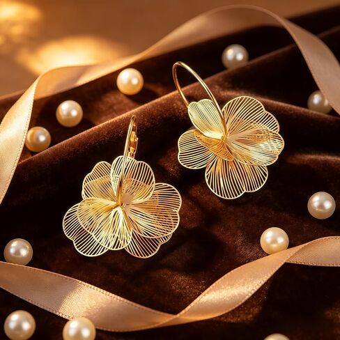 Boho Flower Hoop Earrings for Women, 14K Gold Plated Lightweight 3D Hollow Floral Drop Earrings, Statement Dangle Jewelry for Beach Vacation, Party & Everyday Wear in Kuwait