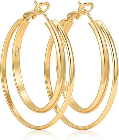 LOUMILEO 14k Gold Plated 925 Sterling Silver Post Double Hoop Earrings Hypoallergenic Lightweight Thin Large Hoop Earrings for Women 25/30/40/50/60mm in Saudi Arabia