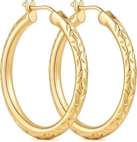 Gold Hoop Earrings 14K Gold Earrings for Women 14K Gold Hoop Earring for Women Leaf-Inspired Engraved Texture Hoops Earring for Womens Hoops 25/30MM in Saudi Arabia