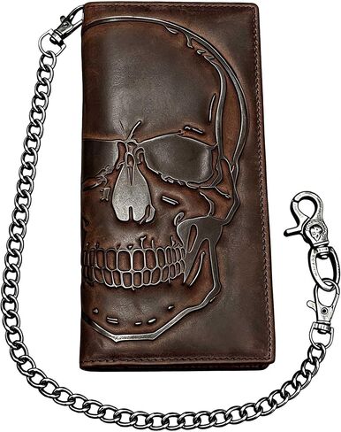 Skull Long Bifold Wallet for Men Full Grain Cowhide Genuine Leather Biker Wallet with Chain, RFID-Blocking, Brown in Saudi Arabia