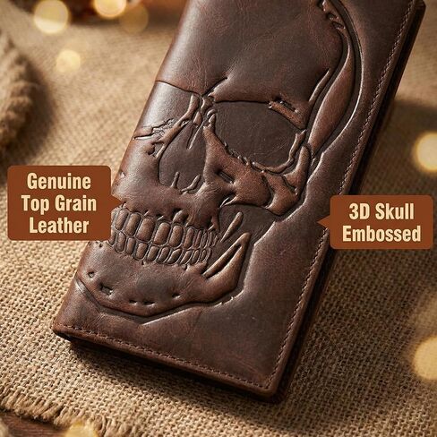 Skull Long Bifold Wallet for Men Full Grain Cowhide Genuine Leather Biker Wallet with Chain, RFID-Blocking, Brown in Saudi Arabia