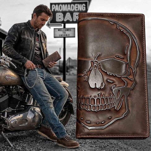 Skull Long Bifold Wallet for Men Full Grain Cowhide Genuine Leather Biker Wallet with Chain, RFID-Blocking, Brown in Saudi Arabia