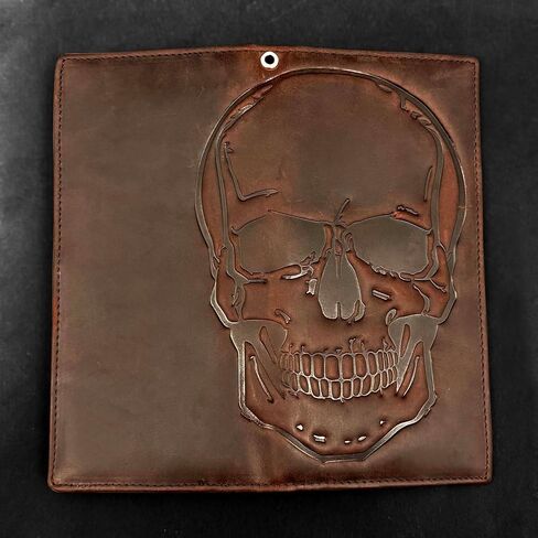Skull Long Bifold Wallet for Men Full Grain Cowhide Genuine Leather Biker Wallet with Chain, RFID-Blocking, Brown in Saudi Arabia