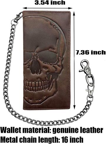 Skull Long Bifold Wallet for Men Full Grain Cowhide Genuine Leather Biker Wallet with Chain, RFID-Blocking, Brown in Saudi Arabia
