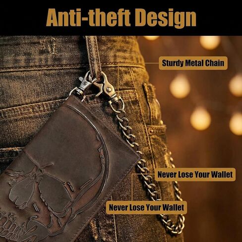 Skull Long Bifold Wallet for Men Full Grain Cowhide Genuine Leather Biker Wallet with Chain, RFID-Blocking, Brown in Saudi Arabia