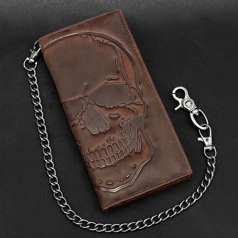 Skull Long Bifold Wallet for Men Full Grain Cowhide Genuine Leather Biker Wallet with Chain, RFID-Blocking, Brown in Saudi Arabia