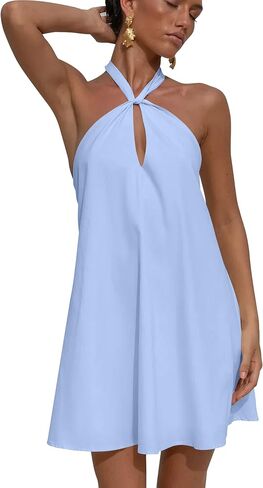 GOKATOSAU Women's Sexy Halter Neck Sleeveless Cutout Backless Flowy A-Line Mini Summer Party Sundress in Kuwait