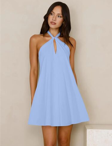 GOKATOSAU Women's Sexy Halter Neck Sleeveless Cutout Backless Flowy A-Line Mini Summer Party Sundress in Kuwait